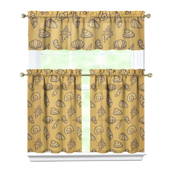 Kitchen Curtains 36 Inch Short - 3 Panel Set, Seashell Starfish Nautical Print, Rod Pocket Window Curtain for Tropical Beach Farmhouse, Sea Coral Cute Design, Easy Wash