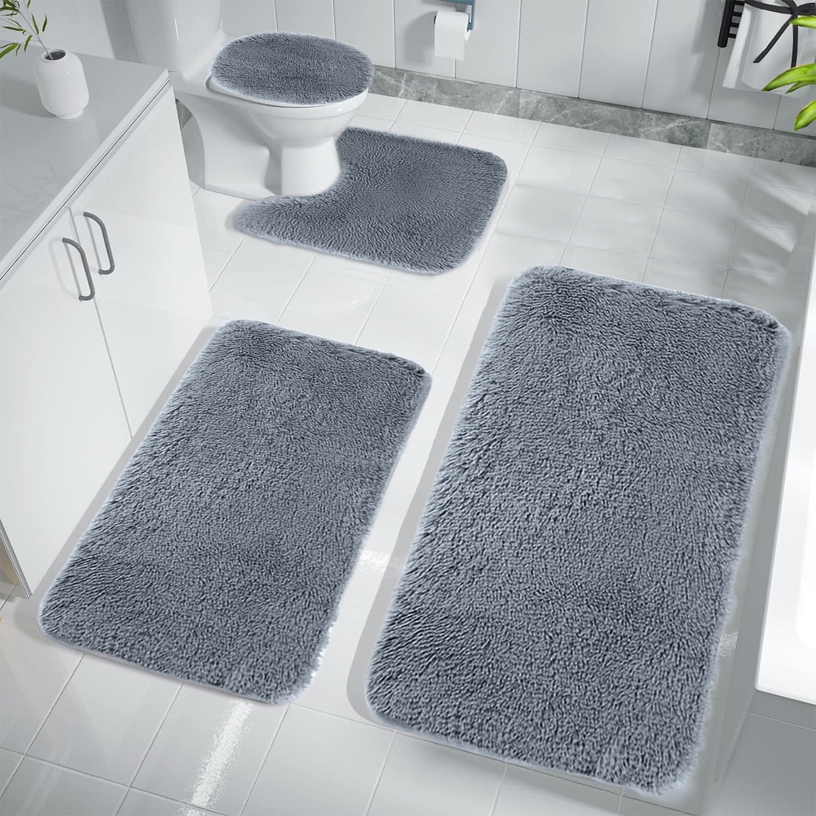 4-Piece Soft Chenille Bathroom Rugs Set, Including 3 Bath Mats & 1 Toilet Lid Cover, Non-Slip Absorbent Plush Rugs, Machine Washable, Ideal for Bathroom, Toilet Side, Shower Area for Family Home Use