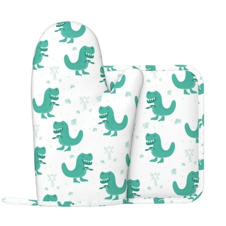 

Oven Mitts and Pot Holders Sets green Dinosaur print Non-Slip Silicone Oven Gloves Potholders Cotton Lining Heat Resistant Gloves Hot Pads for Kitchen Cooking Baking