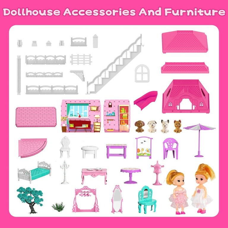Hot Bee Dollhouse Toys for Girls, 6 Rooms Doll House Furnitures with Slide,  Dream House Doll Play for Girls Age 3+ 