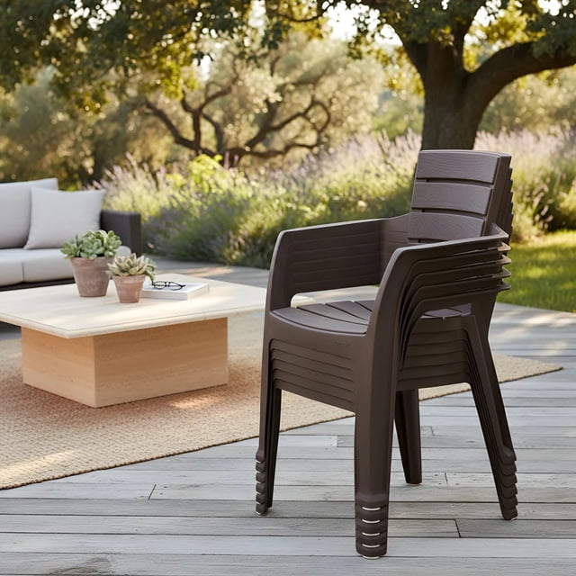 Set 6 Sillas Plásticas Apariciencia Madera con Brazos Apilables Interior Exterior RIMAX