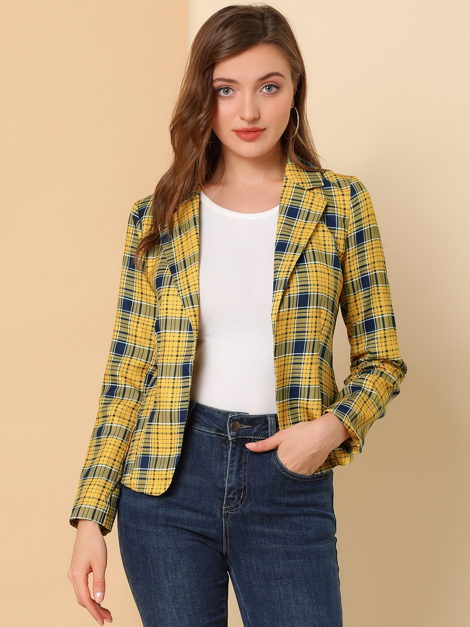 DARING DIVA Women's Elegant Notched Lapel Floral Print Blazer 2XL Yellow-Plaid