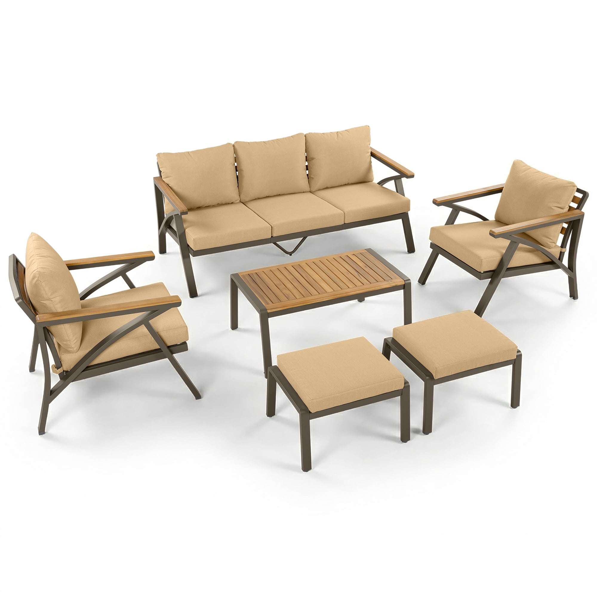 Complete 6-Piece Outdoor Patio Furniture Set with Steel Frame Sofa, 3-Seat Couch, 2 Armchairs, 2 Ottomans and Acacia Wood Coffee Table, Cushions for Backyard Garden, Brown