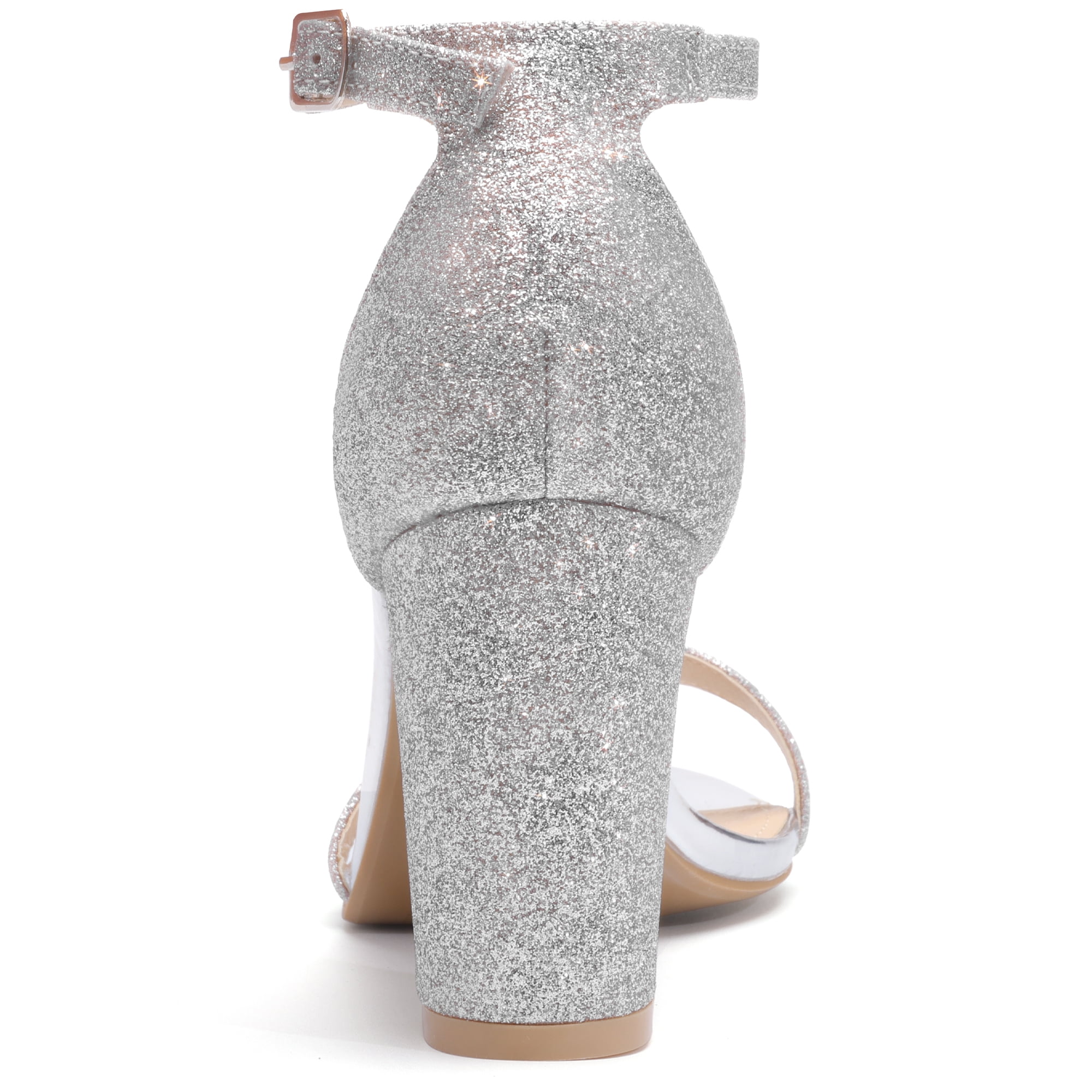 DARING DIVA Women's Ankle Strap Chunky Heels Glitter Vamp Open-Toe Sandals Silver 8