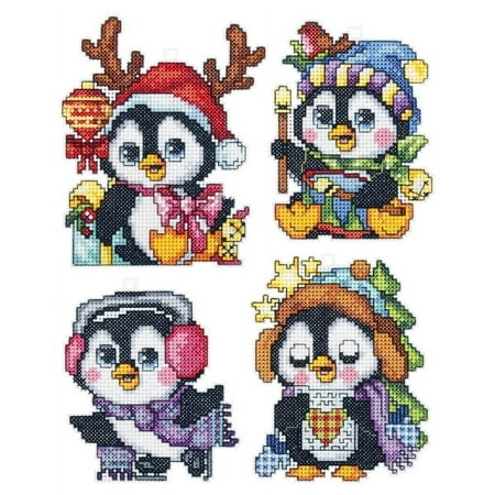 UPC: 5902067302804 | Counted cross stitch kit with plastic canvas Penguins set of 4 designs 7635