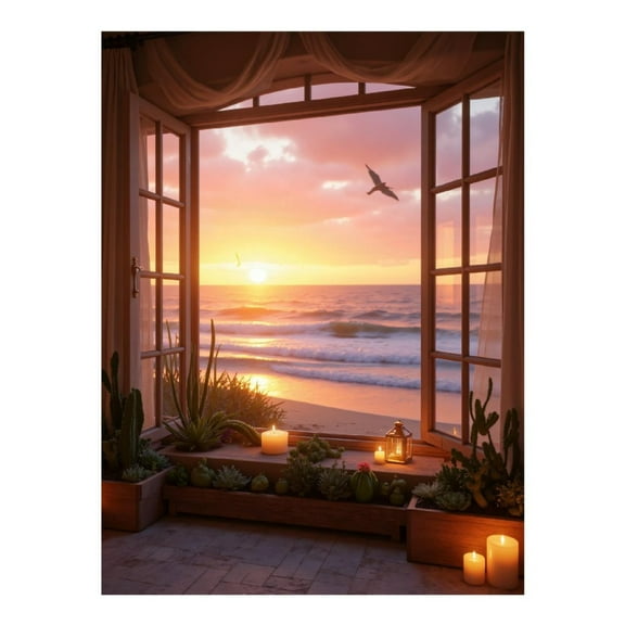 Diamond Art Kit for Adults, Ocean Sunset View Through Window Diamond Painting for Adults Beginners, DIY Diamond Art Painting Kits, 5D Diamond Painting Crafts for Home Decor 12x16 Frameless
