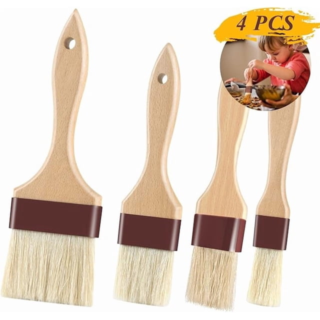 Brochas de Pastelería 4 Piezas Cerda de Jabalí Mango Madera Haya para Barbacoa Hornear y Untar Salsas