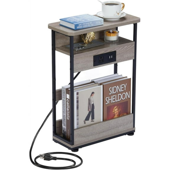 Narrow Side Table With Charging Station, 3-Tier End Table with 2 USB Ports & Power Outlets,Thin Sofa Side Table for Narrow and Small Spaces, Bedside Table Nightstand for Living Room/Rustic Brown