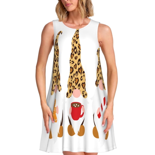 Fotbe Christmas Gnomes In Leopard Vestido de Verano sin Mangas para Mujer – Vestido Midi Línea A, Estilo Camiseta Floral, Vestido Playero Casual y Fluido