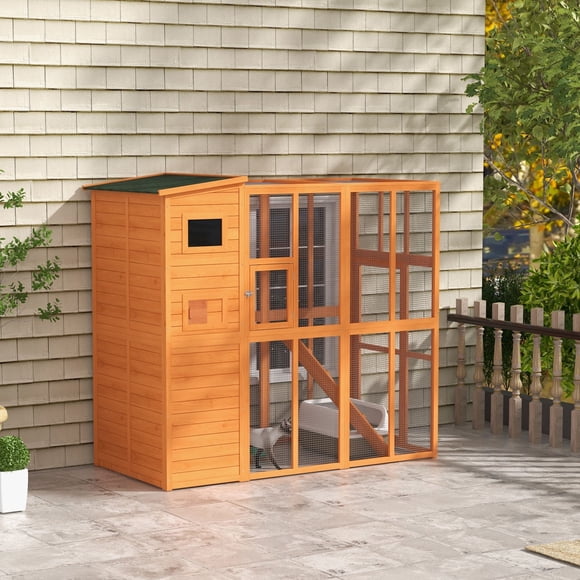 Large Natural Wood Cat Enclosure with Run & Condo - Outdoor Cat House for Patio & Backyard - 76.8" H, Multi-Tier Catio for Safe Outdoor Play
