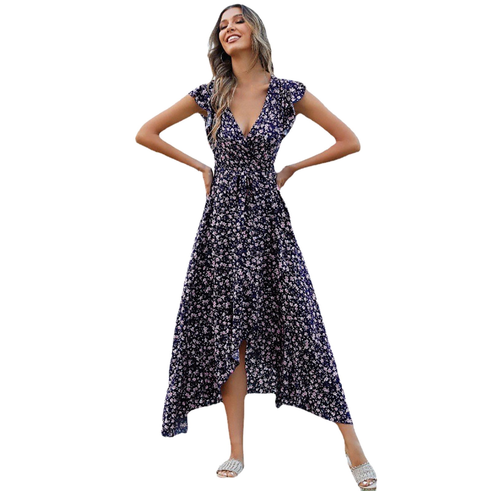 Womens Dress Shopping Women Dresses Women Summer Sleeveless Casual Fitted Floral Print Dress Adult Female Clothes Navy Size XL