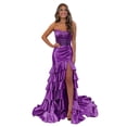 thumbnail image 1 of Vestido de fiesta Mollyevers con diseño de sirena de satén morado con abertura, talla 10, 1 of 7