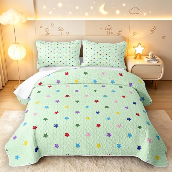 Manfei Minimalist Stars Print Twin Quilt Set,Sprinkle Print Twin Coverlet Set,Green,Colorful Stars Reversible,2-Piece,1 Bedspread and 1 Pillowcase