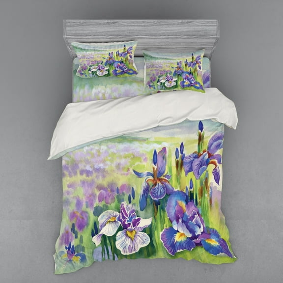 Floral Duvet Cover Set, Close up of Violet Flowers with Mountains on the Background Botanical Garden Art, Bedding Set with Shams and Fitted Sheet, 3 Sizes, by Ambesonne