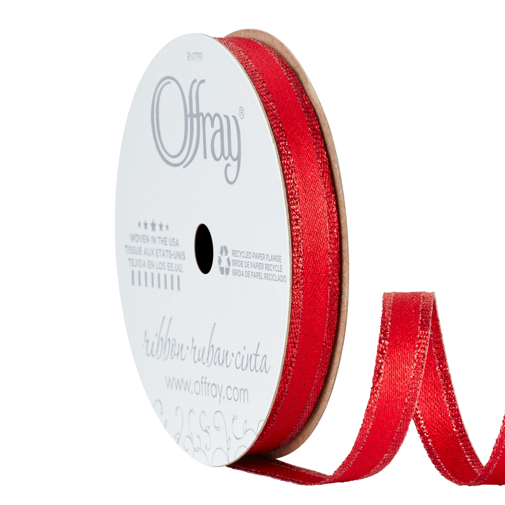 (3 pack) Offray Ribbon, Red 3/8 inch Metallic Ribbon for Wedding, Crafts, and Gifting, 9 feet, 1 Each