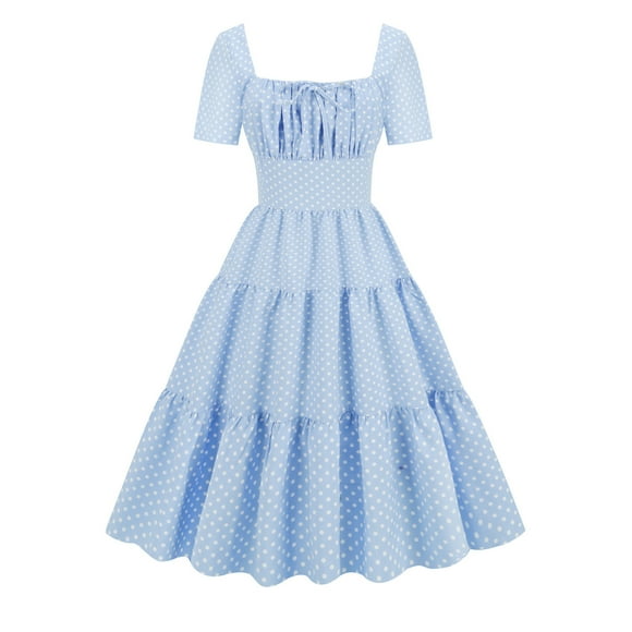 Meichang Robes Trapèze pour Femmes Tunique à Volants Ourlet Superposé Robe à Pois Décontractée Manches Courtes Encolure Carrée Midi Robe d'Été Plissée Évasée Évasée Invitée de Mariage Robe de Fête