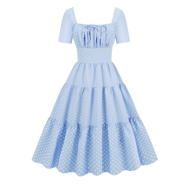 Meichang Robes Trapèze pour Femmes Tunique à Volants Ourlet Superposé Robe à Pois Décontractée Manches Courtes Encolure Carrée Midi Robe d'Été Plissée Évasée Évasée Invitée de Mariage Robe de Fête
