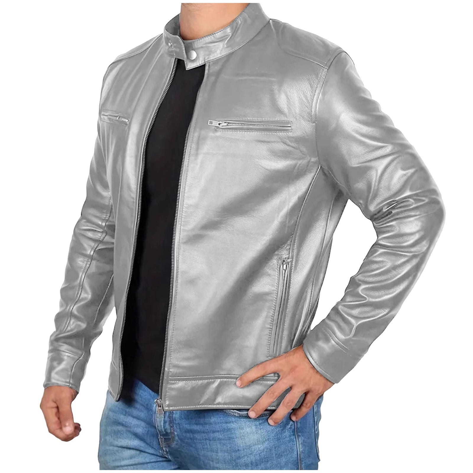 USNSM (S-5XL) Big and Tall Men's Faux Leather Jacket Stand Collar Motorcycle Leather Jackets Casual Lightweight Zip Up Biker Coat Silver XXL