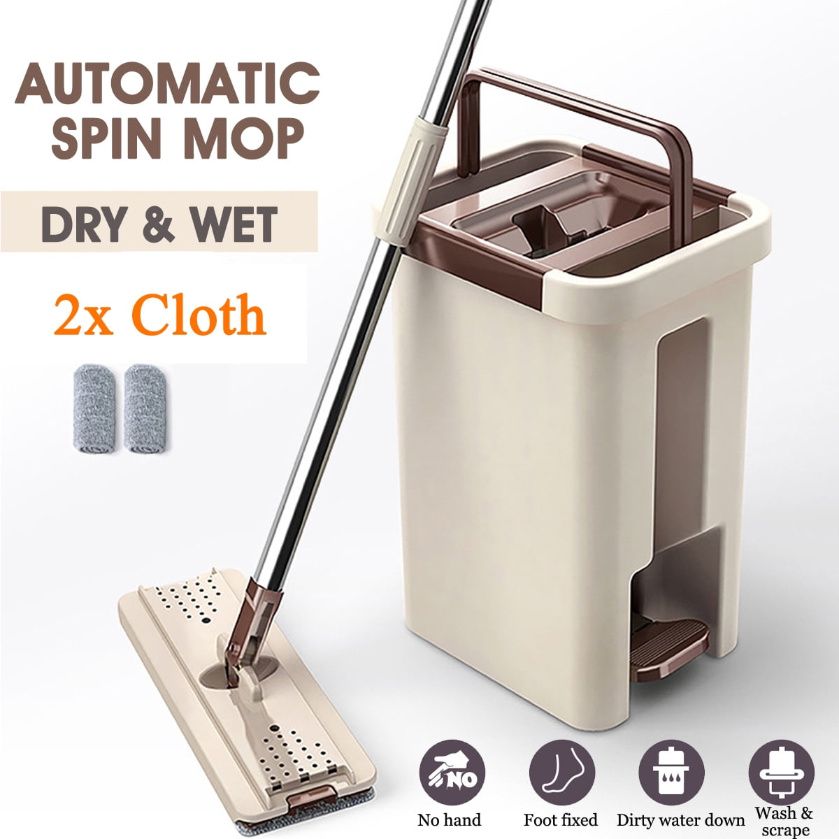 Flat Squeeze Mop Bucket 4 Microfiber Mop Pad Hand Free Wringing Floor Clean 360° 