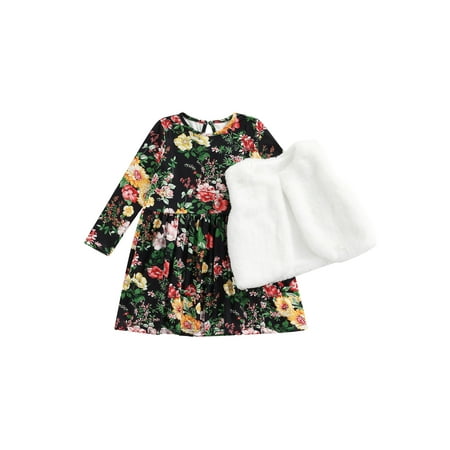 

Qiylii Baby 2Pcs Fall Outfit Long Sleeve Floral Dress+Plush Vest 2-7Y