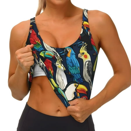Qokaie Parrot Pattern Womens Scoop Neck Sports Bra Breathable Workout Vest Padded U Back Medium Impact Fitness Gym Yoga Bra Workout Crop Top