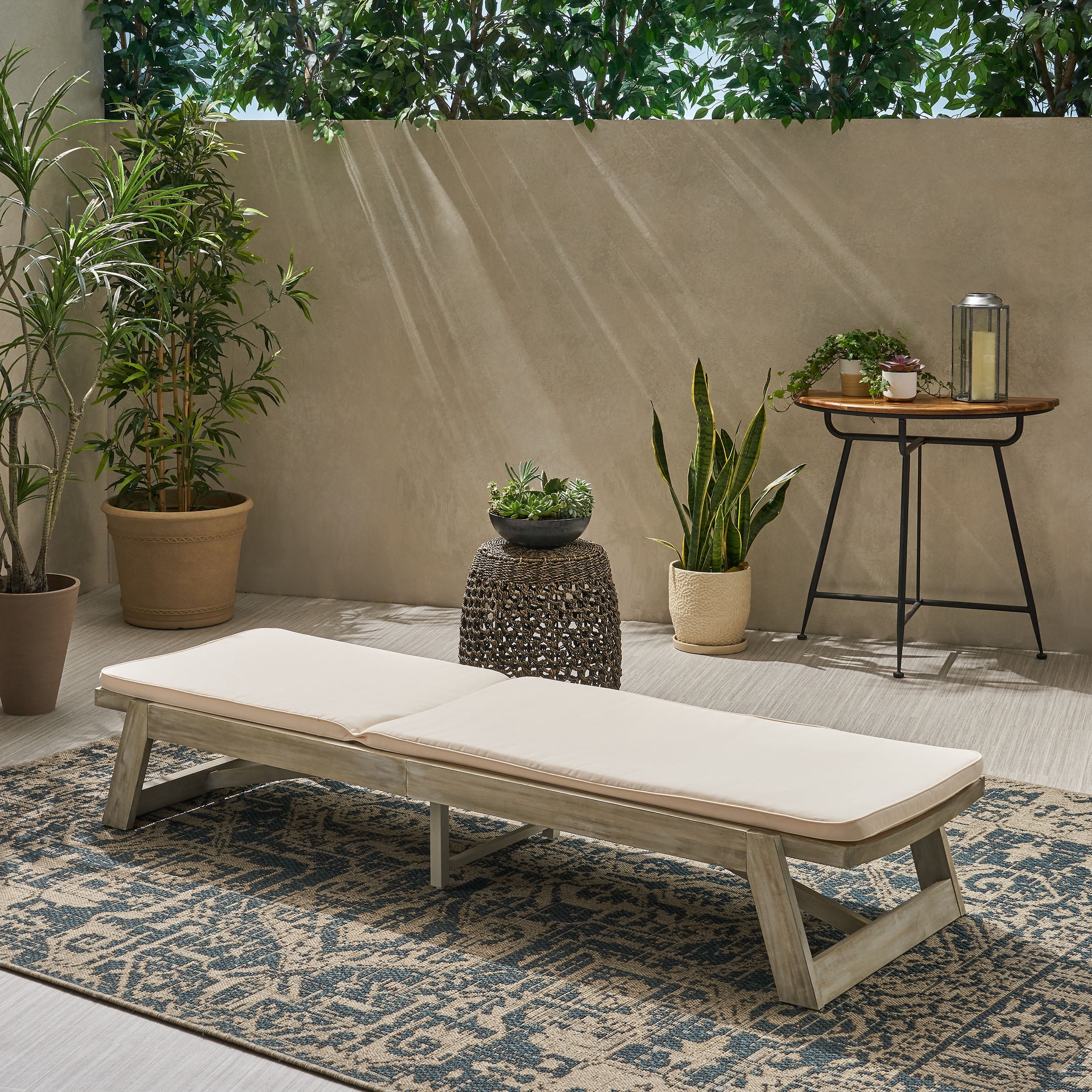 Cullen Outdoor Acacia Wood Chaise Lounge and Cushion Set, Light Gray and Cream
