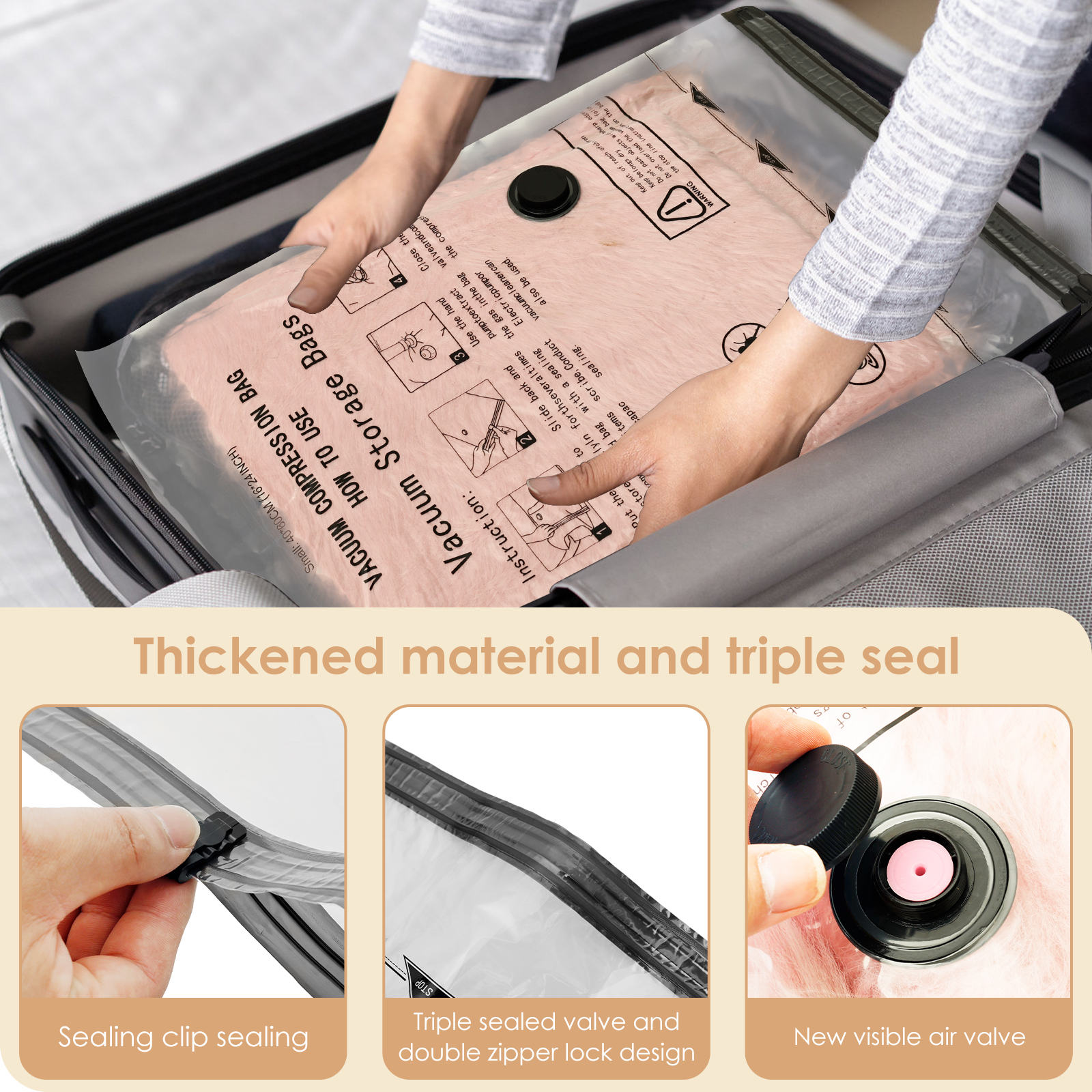 Vacuum Bag with Electric Pump Rapid Compression 8 Pack Triple Seal Compression Bag with Double Zipper Lock for Luggage and Suitcase