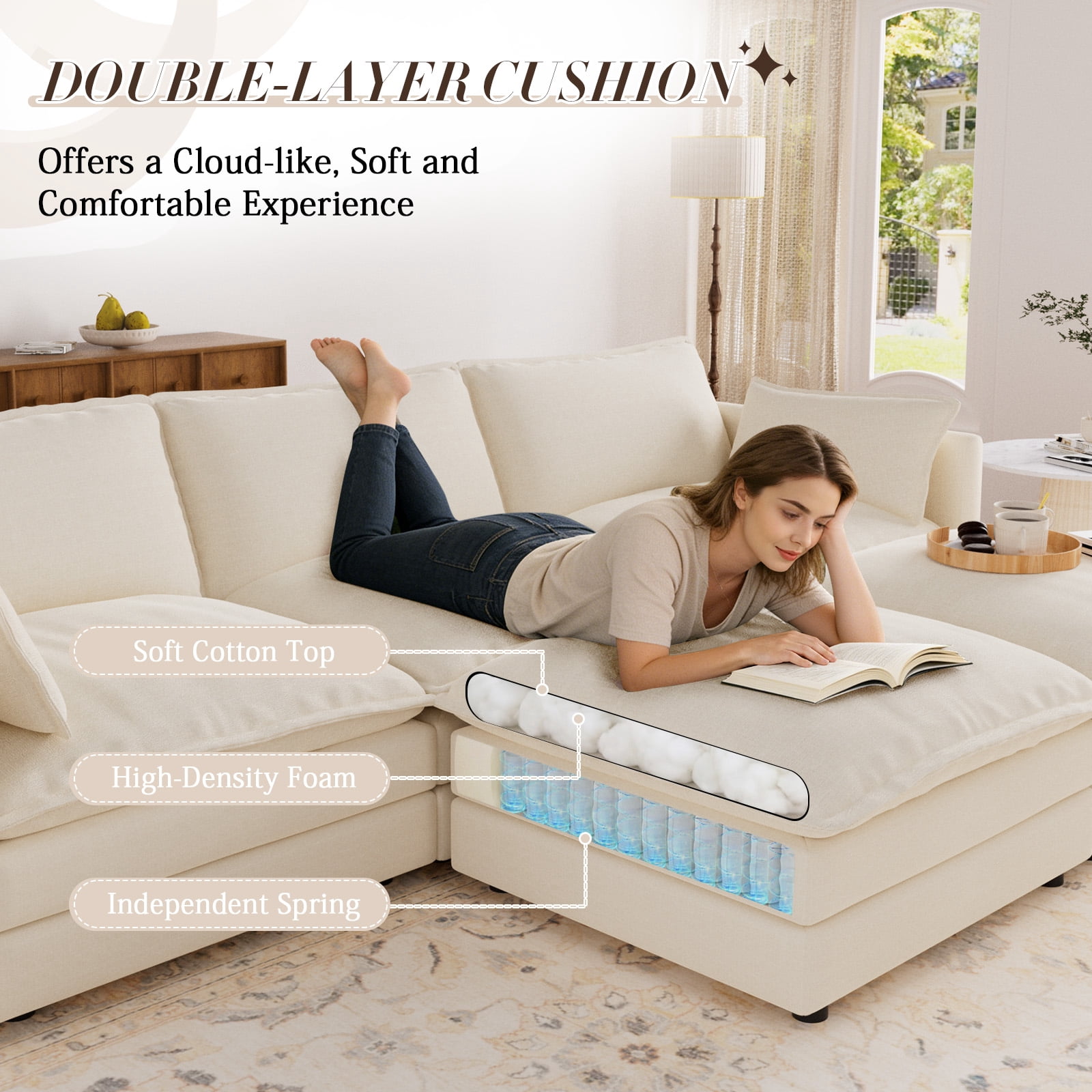 Muumblus Sectional Sofa Cloud Couch with Reversible Ottoman, L-Shaped Chenille Sofa for Living Rooms, Beige