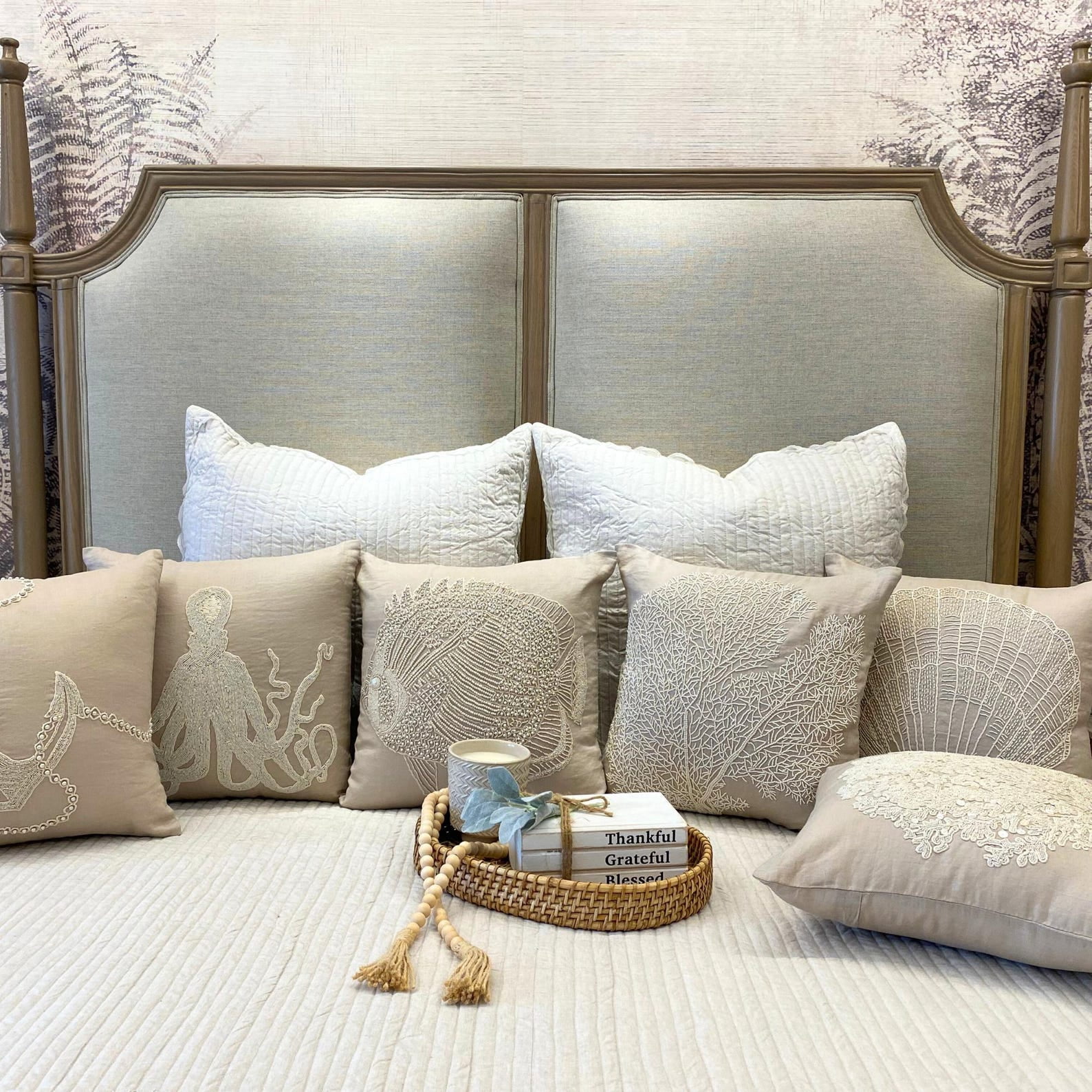 22x22 inch (55x55 cm) Throw Pillow Cover, Mocha Pillow case, Beaded Fish Sea Creatures Ocean Beach Pillow Cover, Cotton Linen Square Pillowcase, Floral Mediterranean - Butterfly Fish