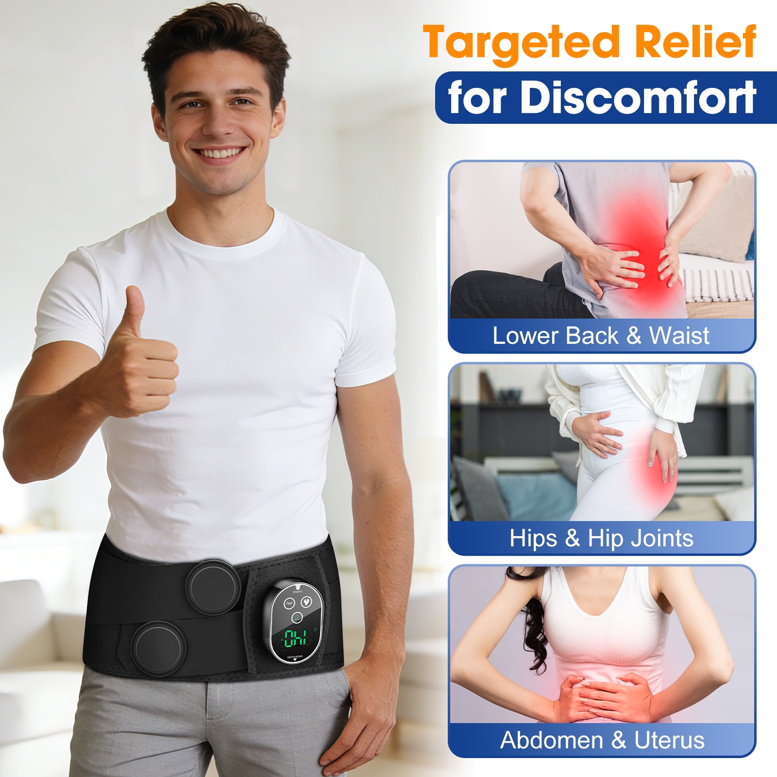 Cordless Hip Heated Massager for Sciatica, Buttock Heating Pad with Massage, Waist Massager Heated Wrap with 5 Heating, 3 Timing & Vibration Modes, 3000mAh Battery for Lower Back, Black