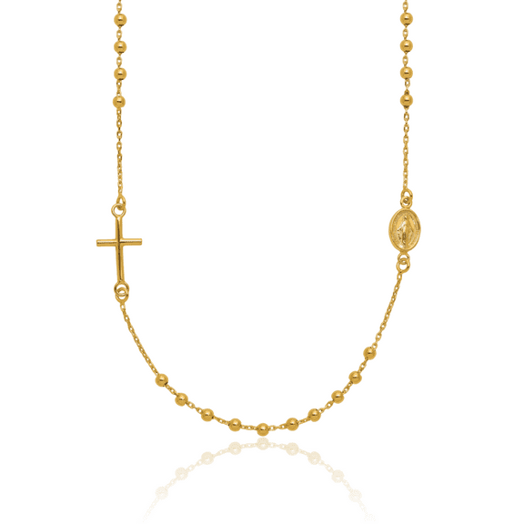 14K Solid Yellow Gold Holy Cross Rosary Bead Necklace Chain