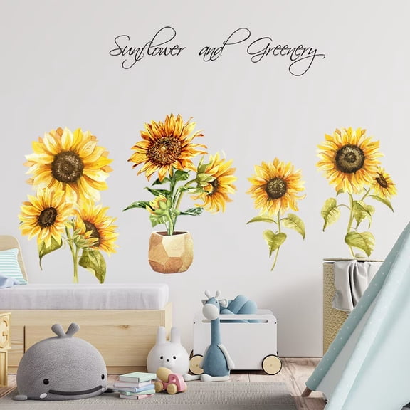 Sunflower Wall Decal Garden Floral Wall Sticker Yellow Flower with Green Leaves Wall Decals DIY Peel and Stick Wall Stickers Aesthetics Decor for Living Room Bedroom