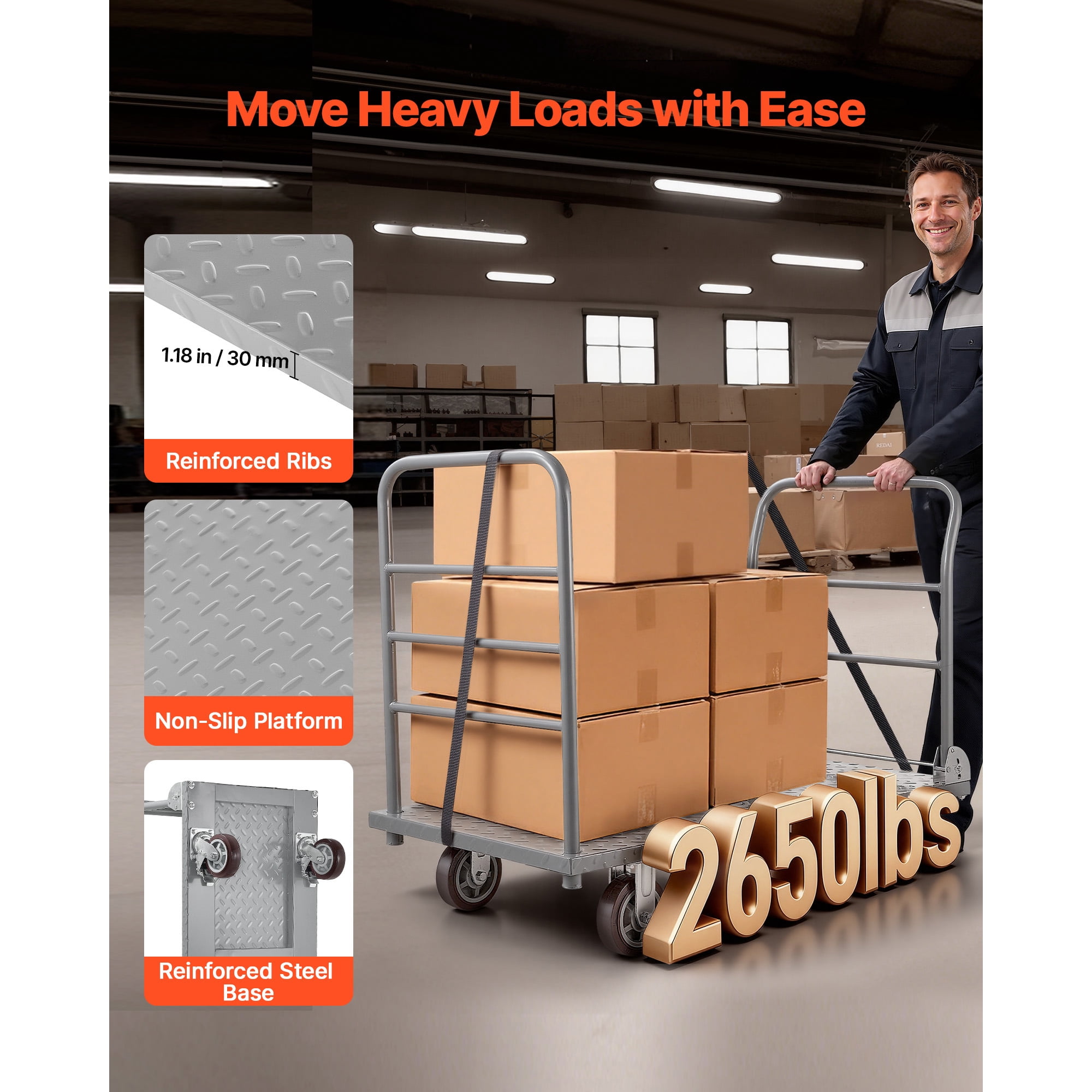 KFFKFF Heavy Duty Platform Truck, 2650 lbs Load Capacity, Flatbed Cart with Removable Guardrail and Swivel Wheels, Foldable Hand Push Cart for Groceries, Garage, Warehouse, 48 x 24 x 36.2 in