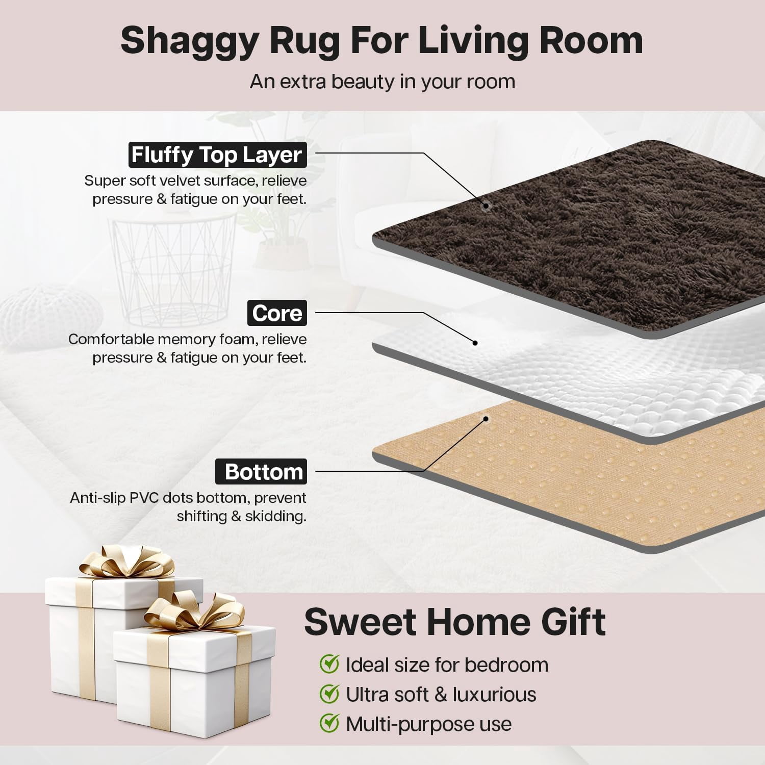 Ameha Shaggy Rug 3x5ft Non-Slip Fluffy Soft Faux Floor Carpets Rectangle for Bedroom Livingroom Decor Brown