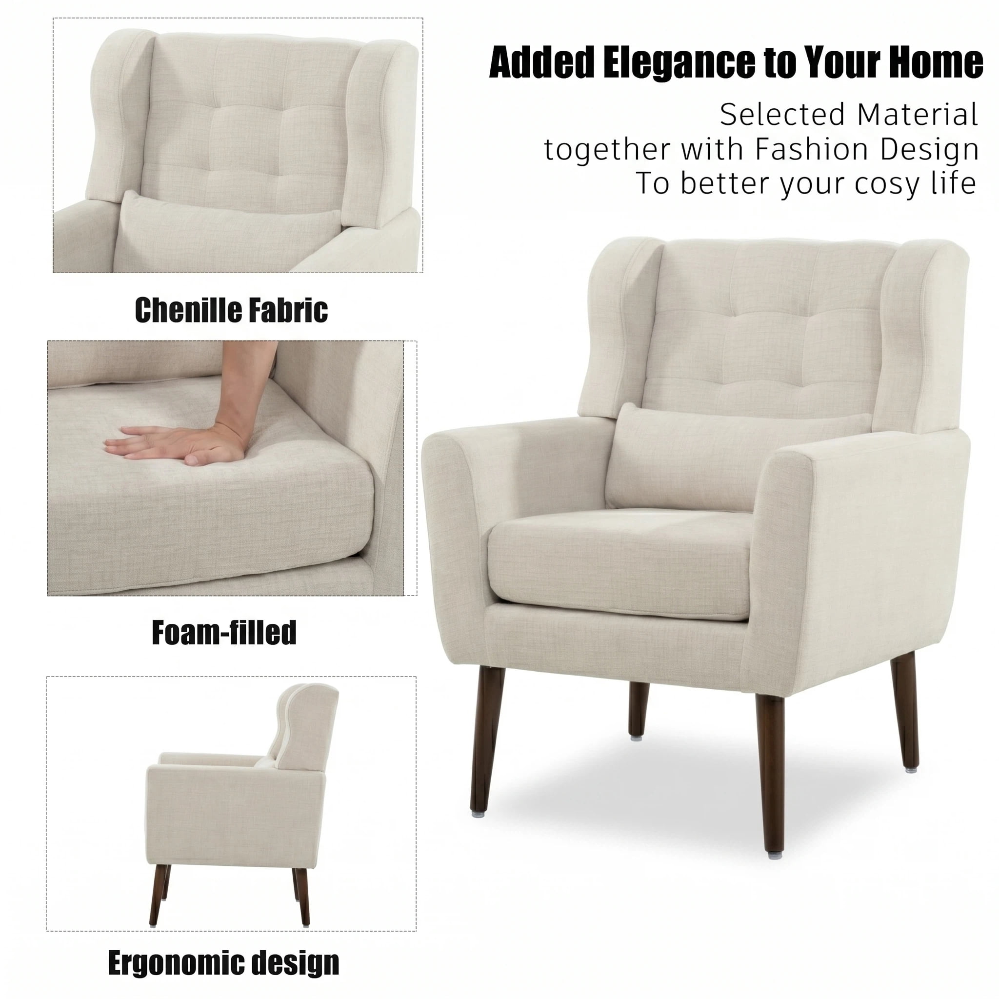 AISWORD Modern Accent Chair, Upholstered Armchair with Pillow, Fabric Single Sofa Chair with Lounge Seat and Wood Legs Accent Chair for Living Room Bedroom Small Spaces, Beige