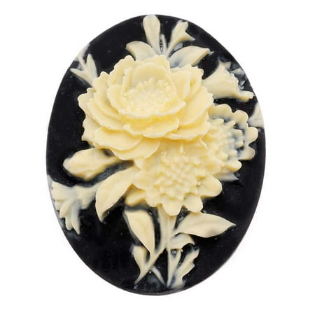 - Vintage Style Lucite Oval Cameo Black With Ivory Flowers 40x30mm (1)