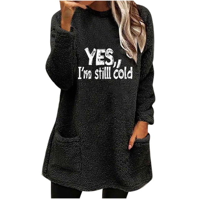 Bocqde Blouses en Polaire Duveteuse pour Femmes Mignonnes Décontractées Imprimé Lettre Veste Sherpa Automne Hiver Manches Longues Poche Col Rond Chaud Vêtements d'Extérieur Moelleux pour Femmes
