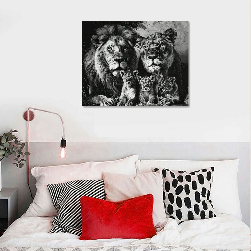 MLJA Lion Family Canvas Wall Art Black and White Animal Pictures Lion and Wall Poster Wild Animal Artwork Painting Abstract Lion Wall Art Black and Print