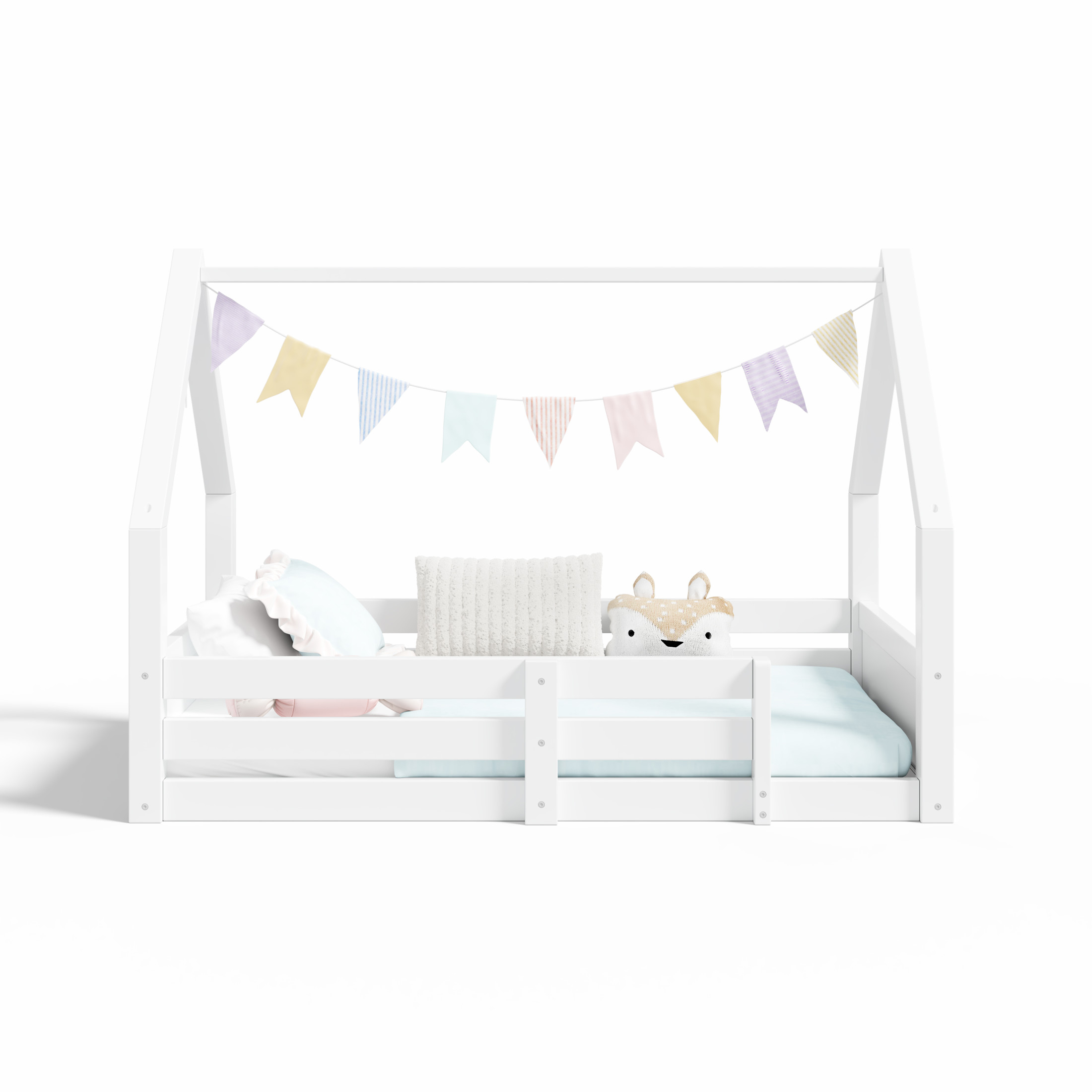Noble House Salma Twin Size House Floor Wooden Bed with Roof Frame & Grooved Panels, Safety Guardrails, White