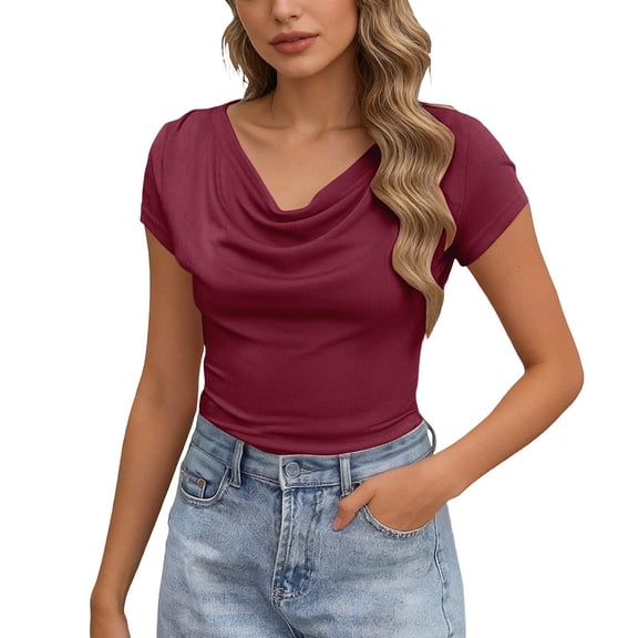 DHFJKG Cowl Neck T Shirts For Women Short Sleeve Slim Fit Basic Tee Casual Comfortable Summer Top Daily Wear Trendy Tops