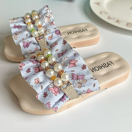 

kpoplk Sandals For Girls Children Slippers Fashion Floral Ruffle Pearl Flat Bottom Flip Flop Fashion Beach Toddler Shoes Boys(Blue)