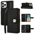 thumbnail image 2 of Jewelled Cushioned Leather Wallet Flip Cover for iPhone 15 Pro, Card Slots, Coin Pocket, Zippered Pouch Bag, Removable Wristlet, RFID Blocking Flip Cover, 2 of 5