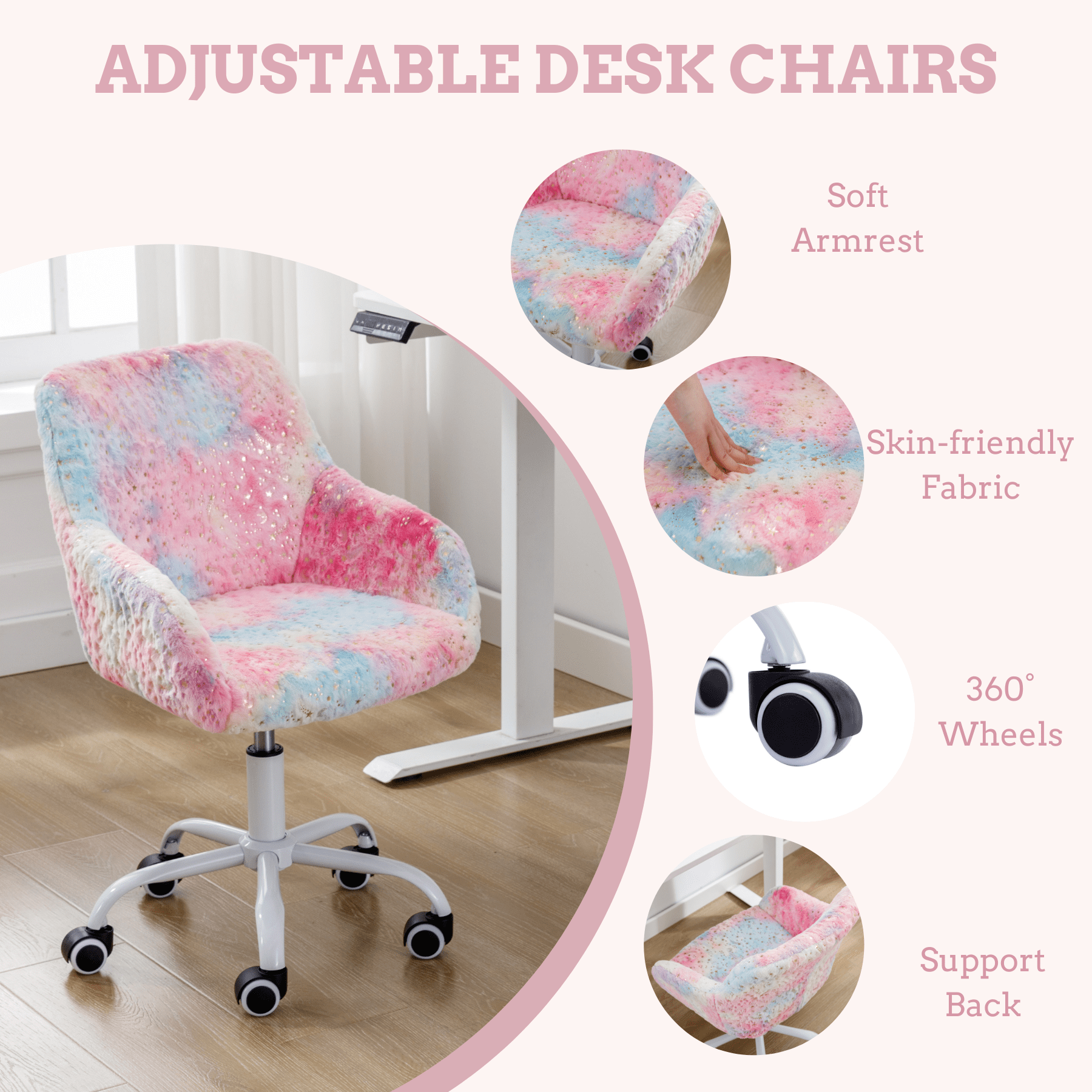 Dayalane Kids Desk Chair, Adjustable Swivel Faux Fur Study Chair with Armrests, Comfy Upholstered Computer Chair for Boys and Girls, Cute Computer Chair for Children,Star-Pink