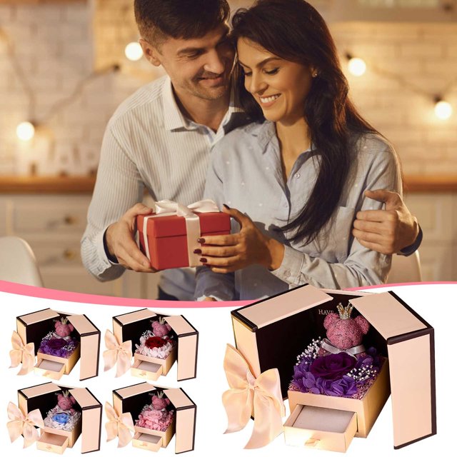 Fiudx Caja de Regalo de Rosa Eterna, Exquisito Diseño de Doble Puerta, Flor Brillante y Duradera, Almacenamiento Multifuncional de Joyas, Regalo de San Valentín, Elegante Decoración Del Hogar, con Ca