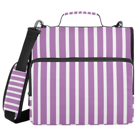 Purple-white Narrow Stripes Binder Bag with Shoulder Strap 3 Ring Zipper Binder File Folder Document Storage