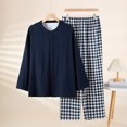 thumbnail image 2 of DHFJKG Mens Pajamas Set Lightweight Long Sleeve Crewneck Button Up Top Loose Fit Plaid Bottoms 2 Piece Sleepwear Leisure Home Clothes, 2 of 3