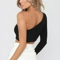 thumbnail image 2 of YCNYCHCHY Summer T-shirt Sexy One Shoulder Crop Top Women Skew Collar Unique Long Sleeve Slim Fit Solid Leisure Basic Bodycon Tees, 2 of 6