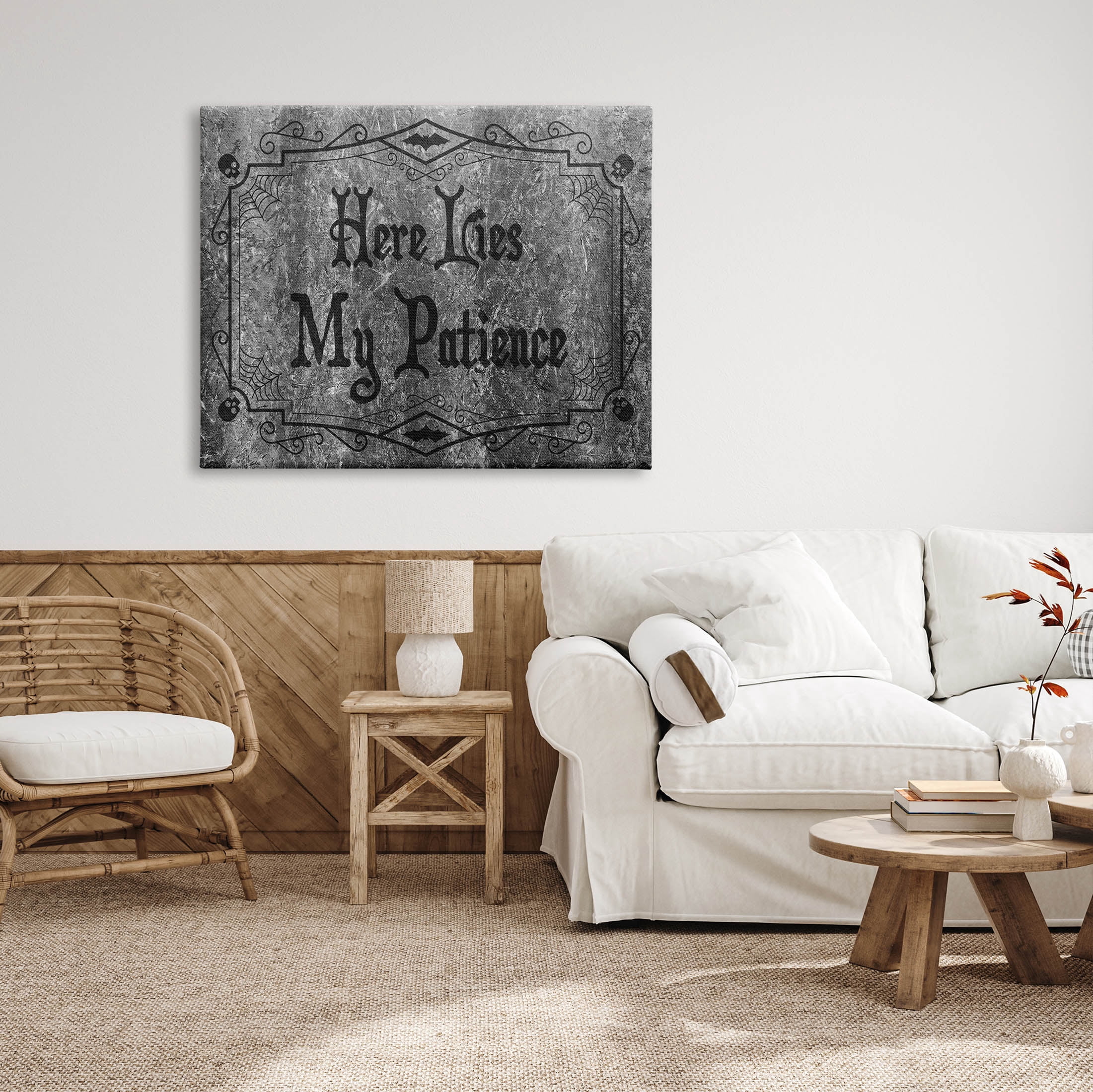 Stupell Industries Here Lies My Patience Tombstone Graphic Art Gallery Wrapped Canvas Print Wall Art, Design by Lil' Rue