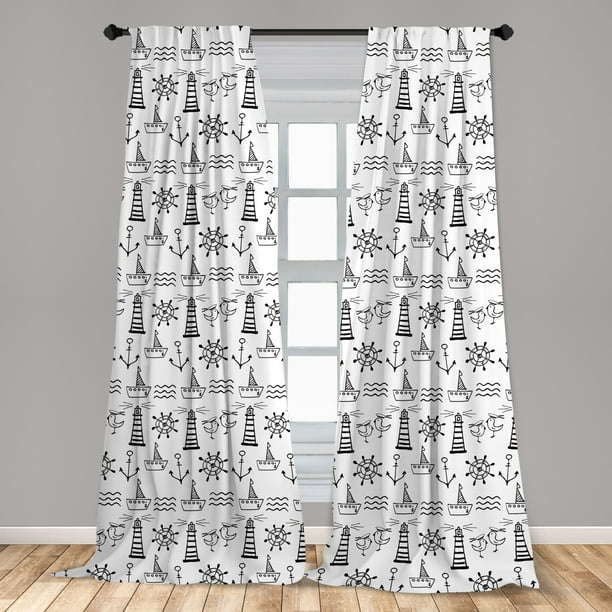 Lighthouse Curtains 2 Panels Set, Doodle Style Marine Elements Hand