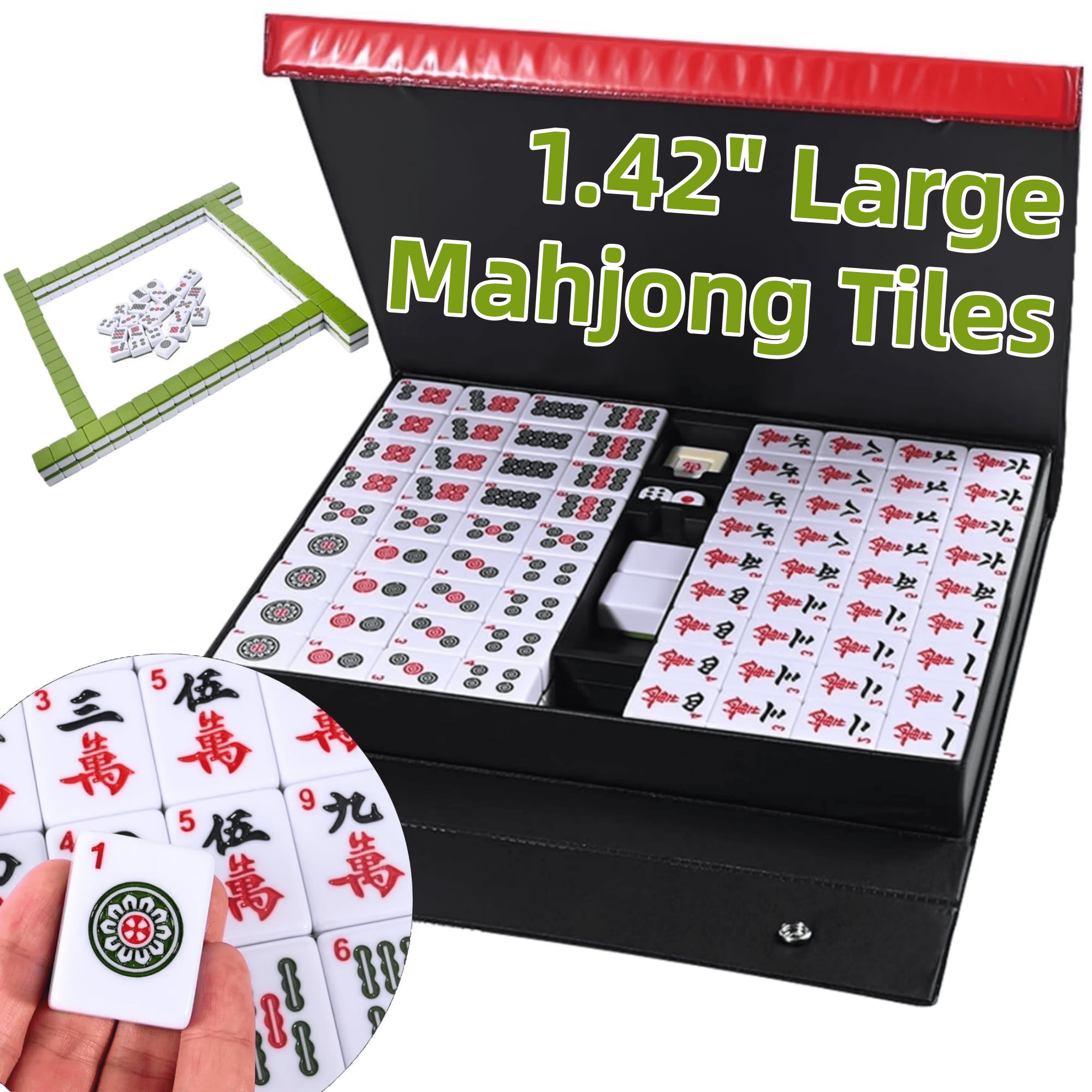 Qunbio Chinese Mahjong Game Set, 146 Numbered Mahjong Tile Set 1.42" Large Size, Mahjong Set with Carrying Travel Case for Party Family Games with English Manual